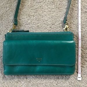 FOSSIL leather teal-green crossbody purse/wallet.